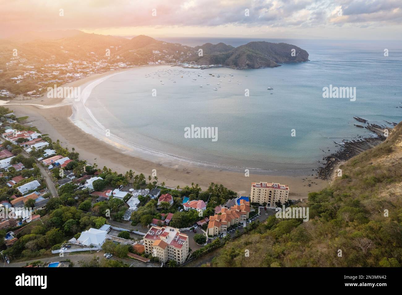 Panorama of resort bay in Nicaragua San Juan Del Sur in morning light Stock Photo