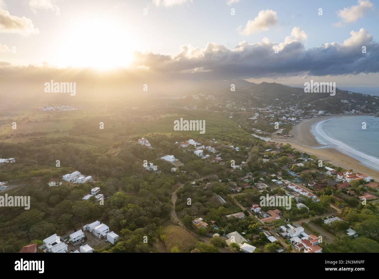 San Juan Del Sur Nicaragua resort aerial drone view on sunrise light Stock Photo