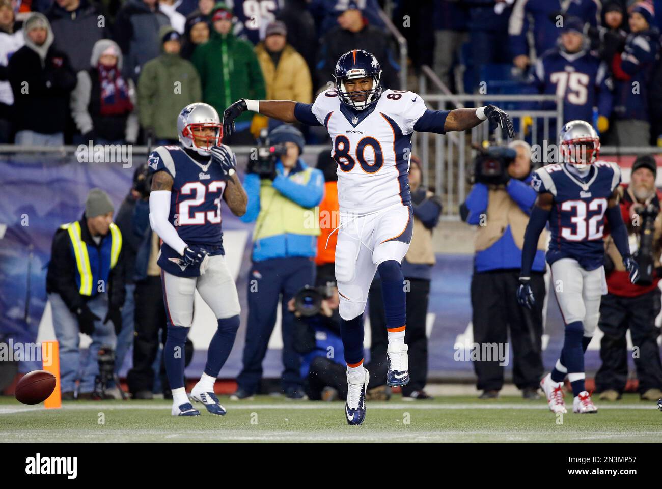 Denver Broncos tight end Julius Thomas, celebrates his touchdown catch