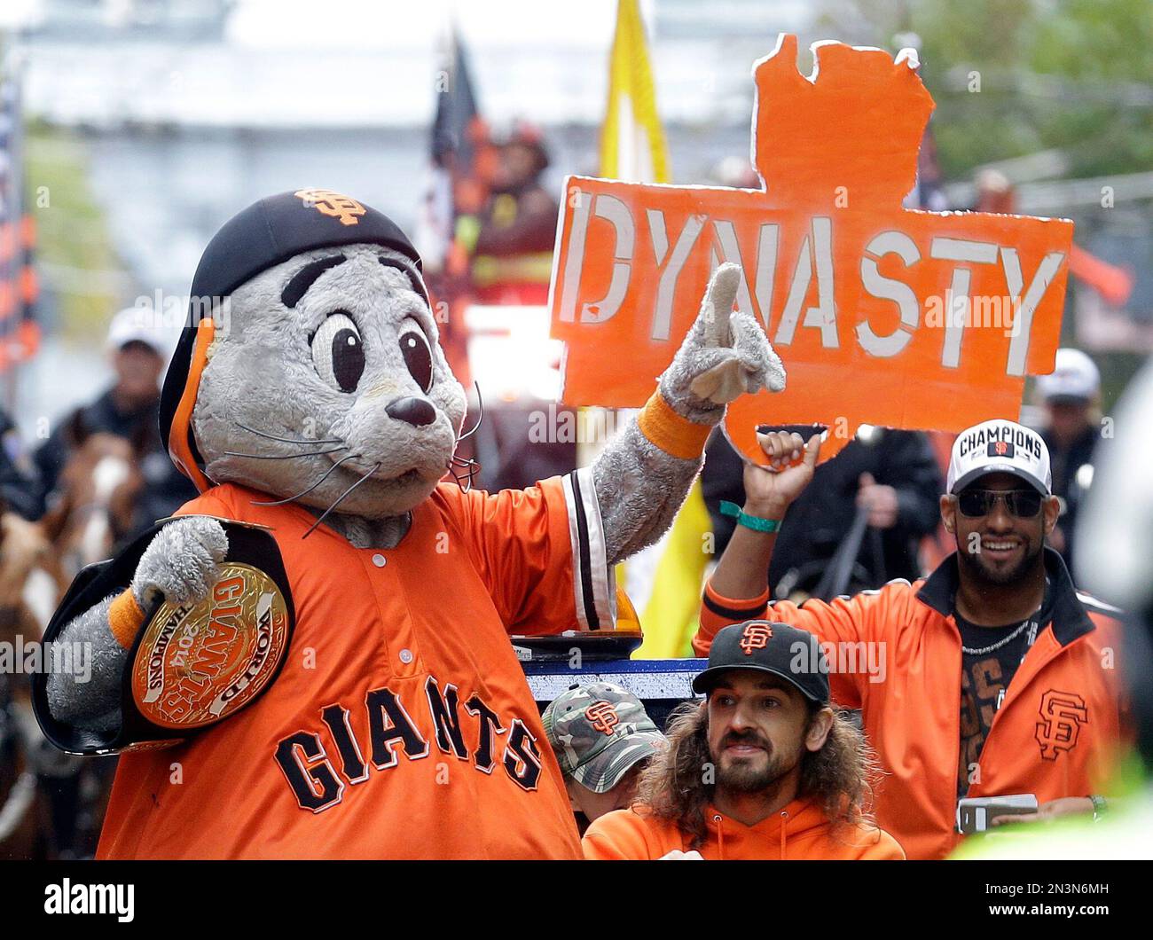 San Francisco Giants mascot Lou Seal waves to the crowd in front of a ...