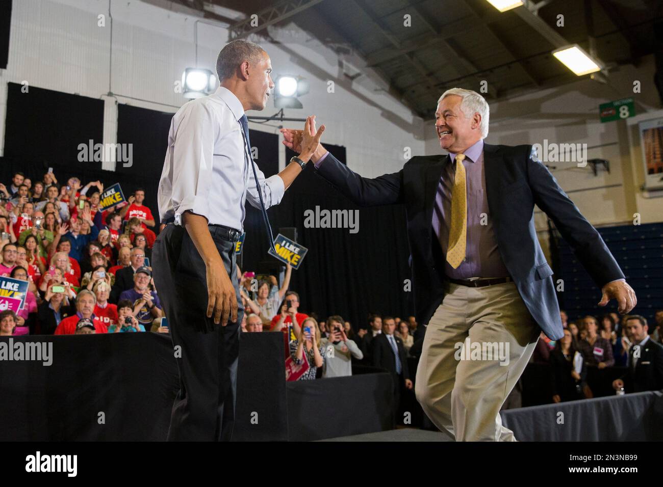 President Barack Obama, left, is greeted by gubernatorial candidate Rep ...