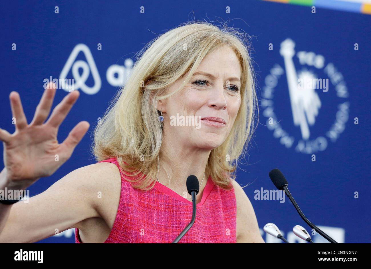 Mary Wittenberg, CEO of New York Road Runners, talks during a news