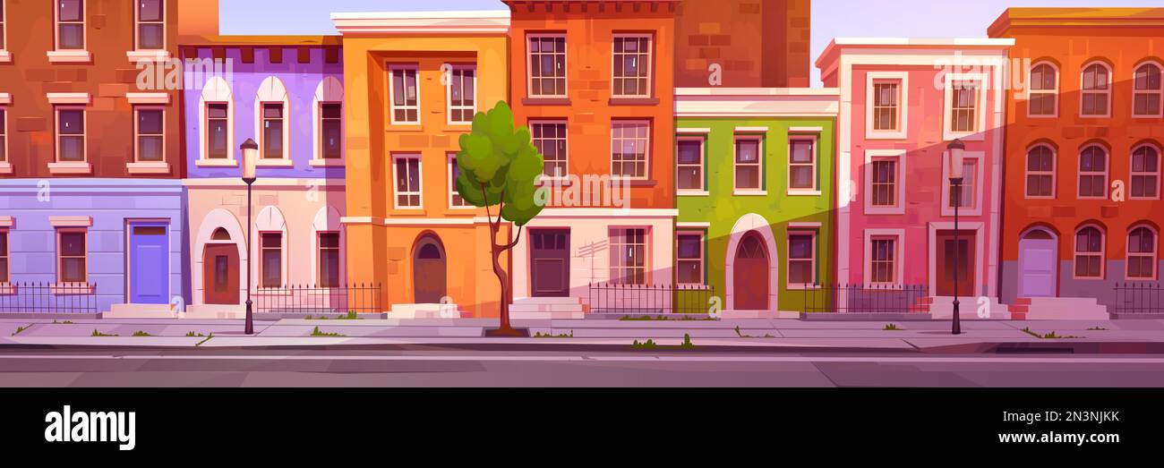 London street with houses and buildings in georgian style. British town real property exterior. Old residential buildings in Marylebone or Mayfair in London, vector cartoon illustration Stock Vector