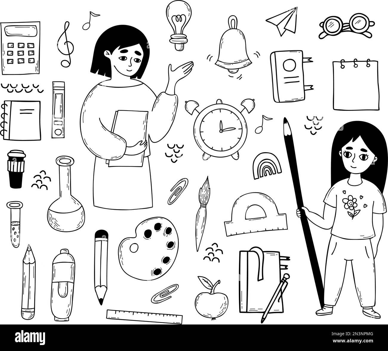 Collection school doodles. Cute girl with pencil and woman teacher with magazine, stationery, notebooks, study items, pens and books. Vector isolated Stock Vector