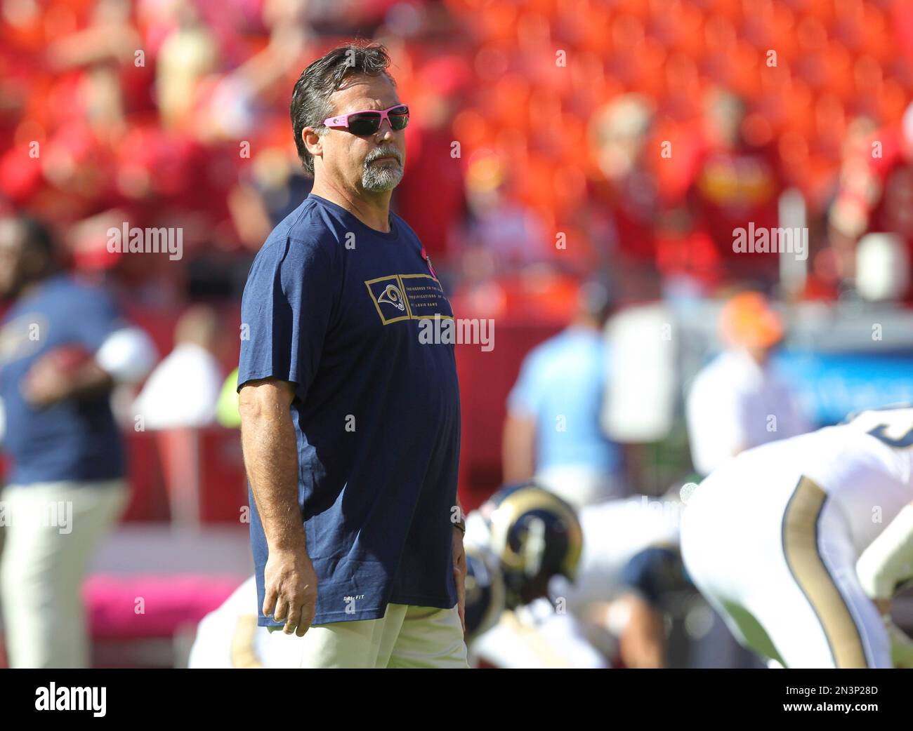 St. Louis Rams head coach Jeff Fisher follows warmups before an NFL ...