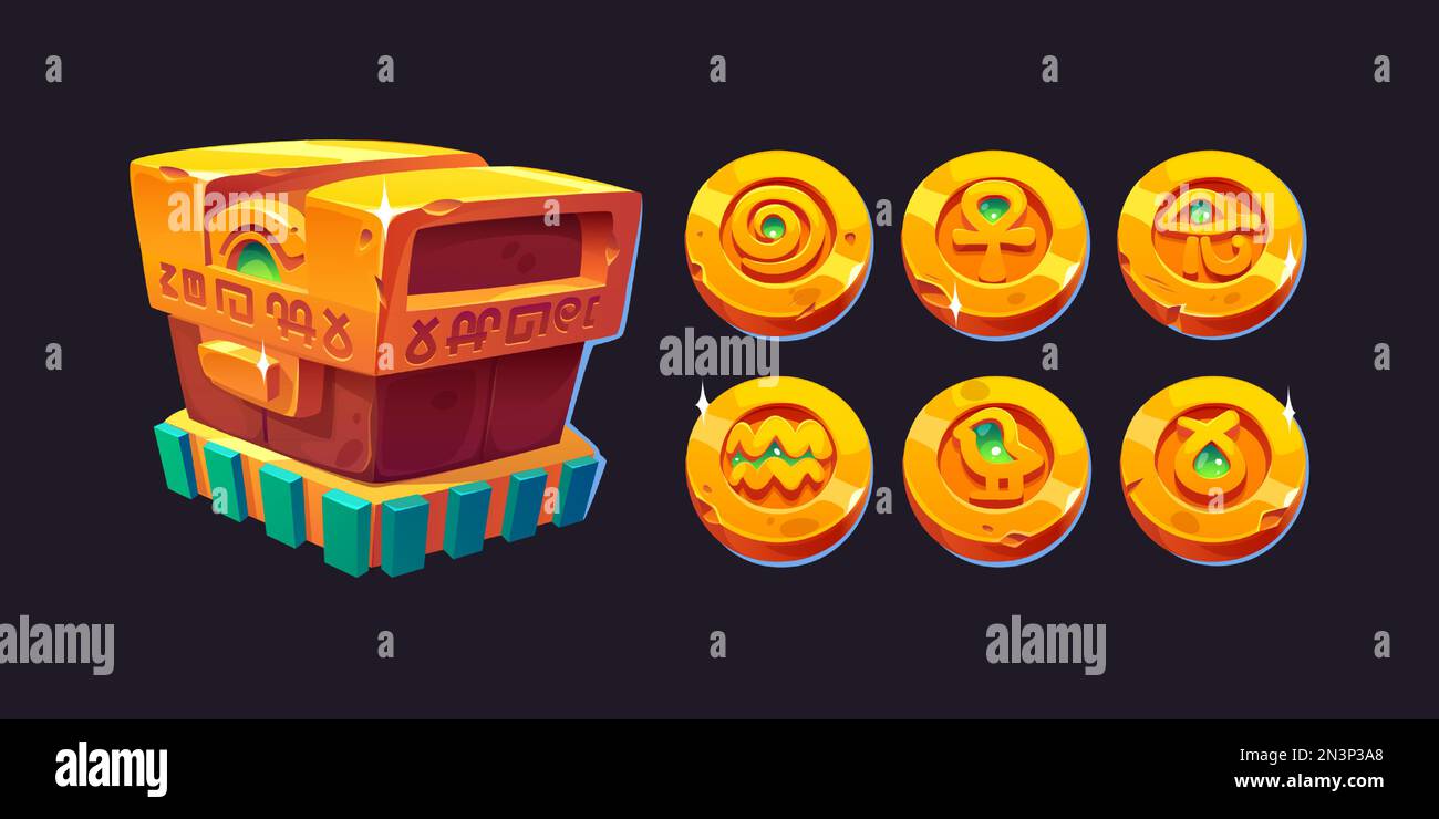 Ancient Egyptian treasure chest and gold coins. Game icons of closed