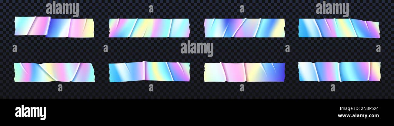 Holographic iridescent adhesive tape with wrinkled texture, pearlescent rainbow or unicorn blur sticky scotch with soft pastel colors, vector glued stripes with gradient or ombre neon effect Stock Vector