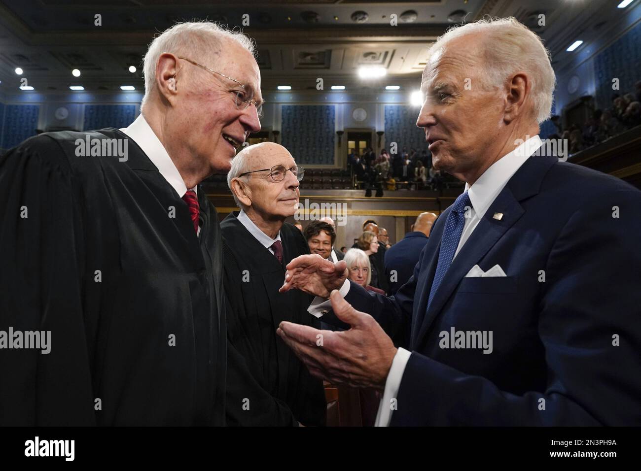 Washington, United States. 07th Feb, 2023. President Joe Biden talks with retired Justice Anthony Kennedy as retired Justice Stephen Breyer looks on after the State of the Union address to a joint session of Congress at the Capitol on Tuesday, February 7, 2023, in Washington, DC. Pool photo by Jacquelyn Martin/UPI Credit: UPI/Alamy Live News Stock Photo