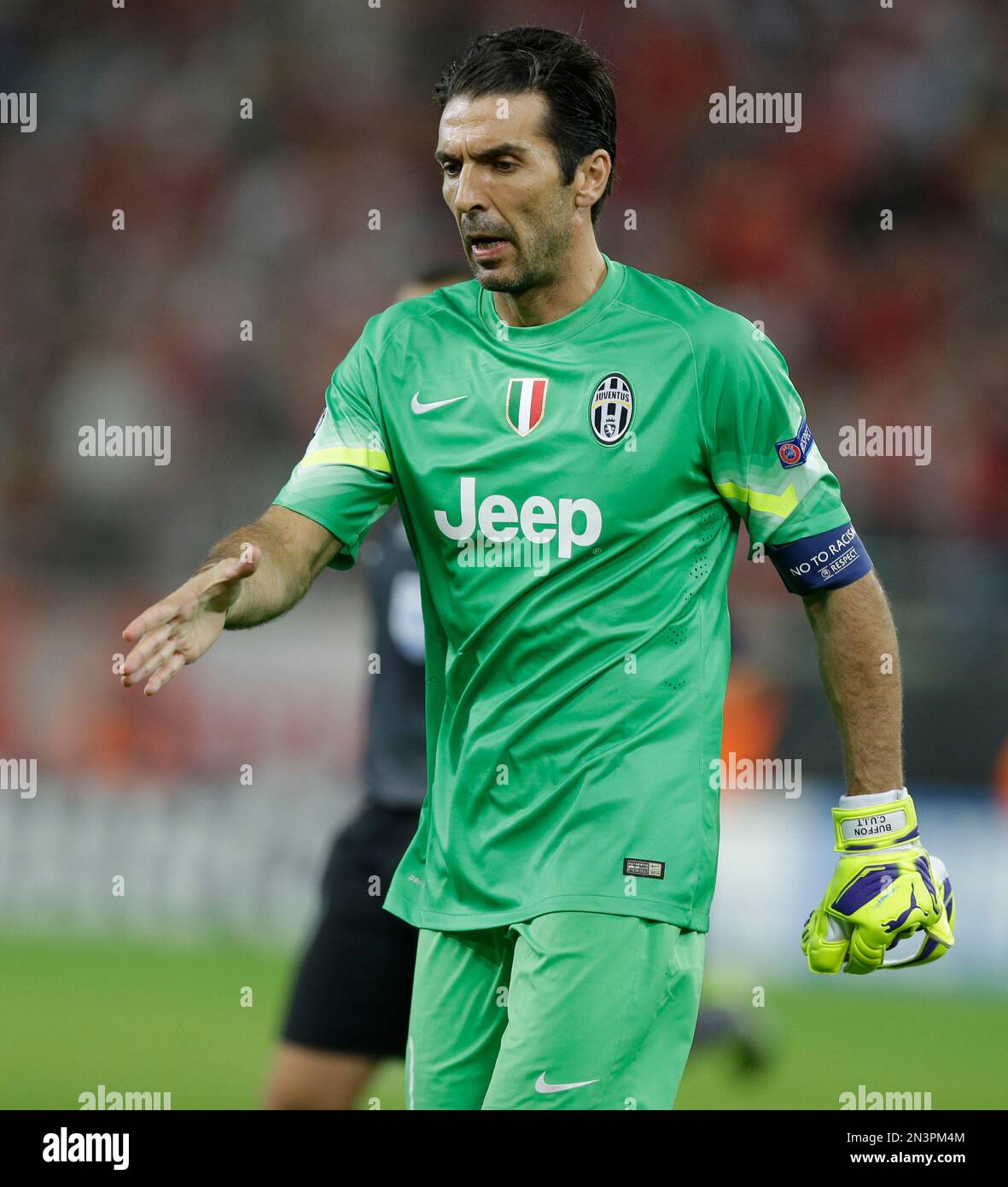 Juventus goalkeeper Gianluigi Buffon gestures at the end of a Champions ...
