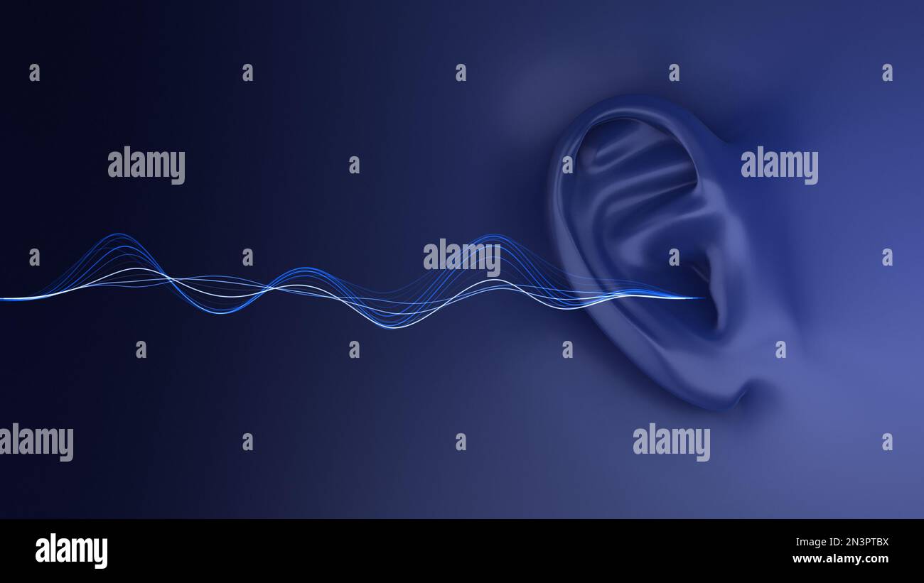 Human ear listening to sound waves Stock Photo