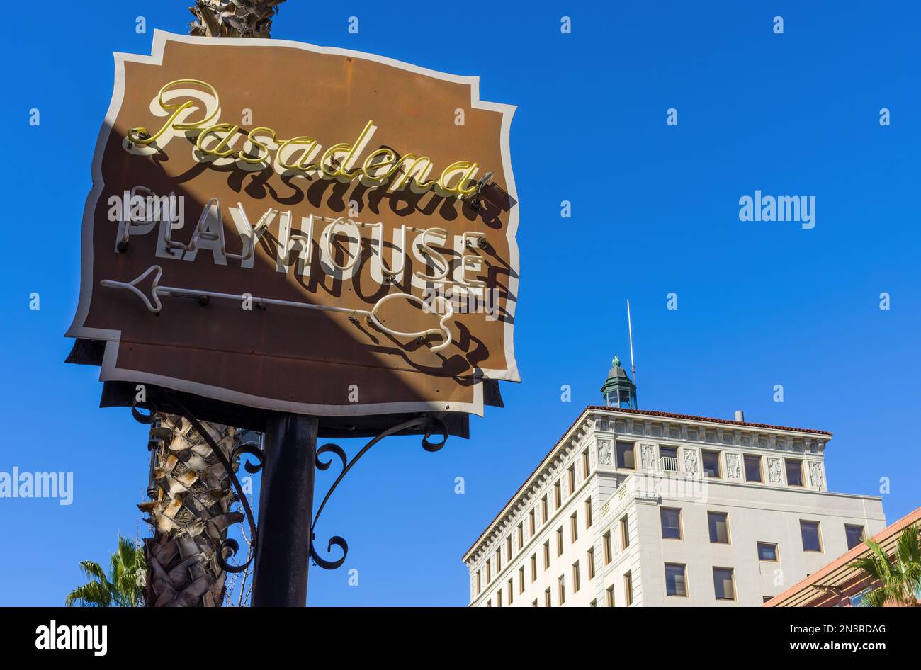 The Pasadena Playhouse neon sign on Colorado Boulevard. This sign is