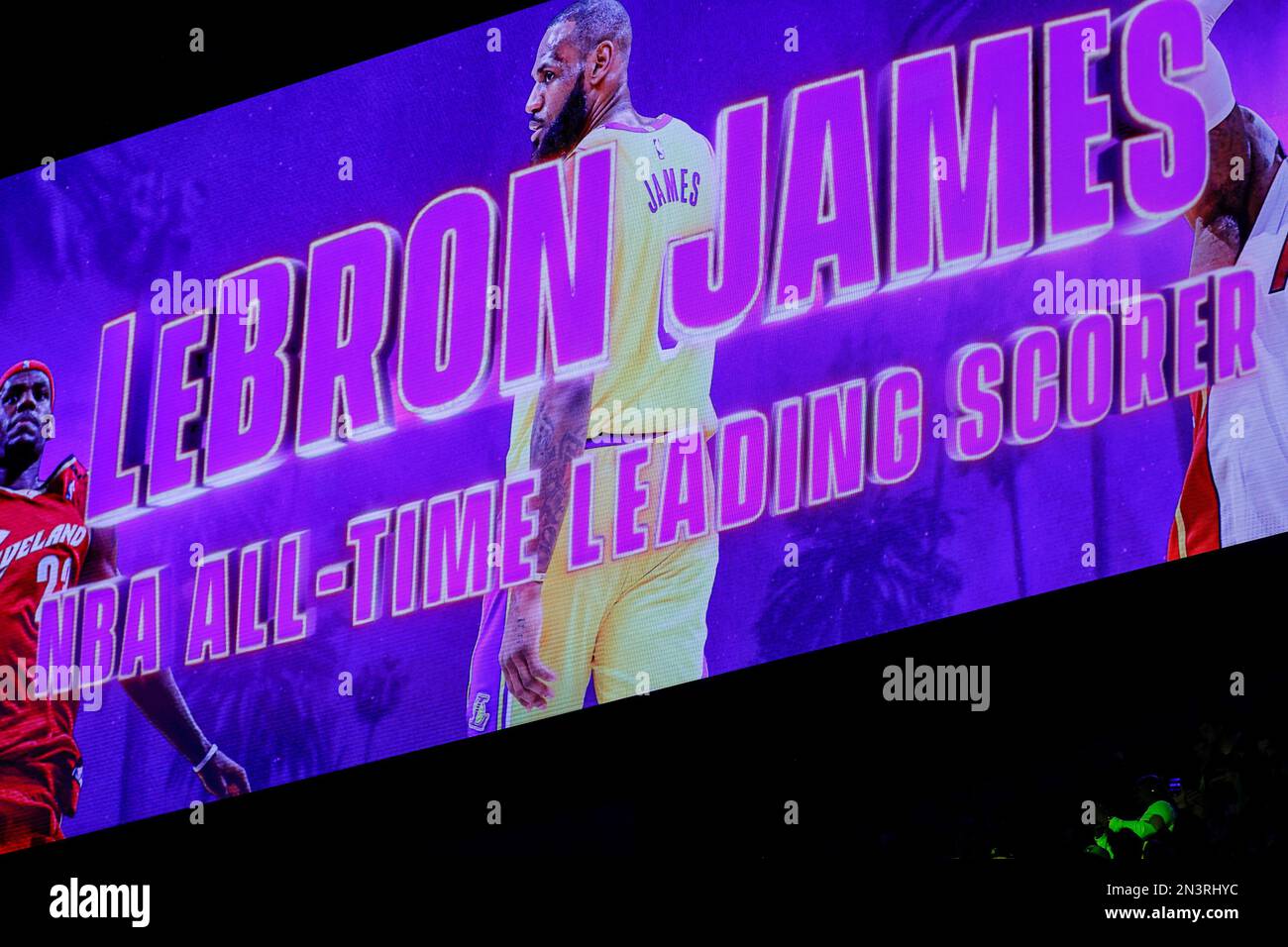Los Angeles, California, USA. 7th Feb, 2023. A big screen shows Los Angeles  Lakers forward LeBron James NBA All-Time leading Scorer after he scoring to  pass Kareem Abdul-Jabbar to become the NBA's