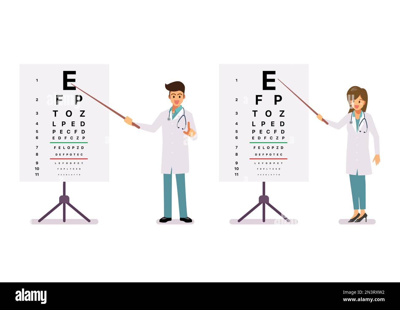 Male and female doctors standing near eye test chart. Ophthalmic table for visual examination. Vector illustration Stock Vector