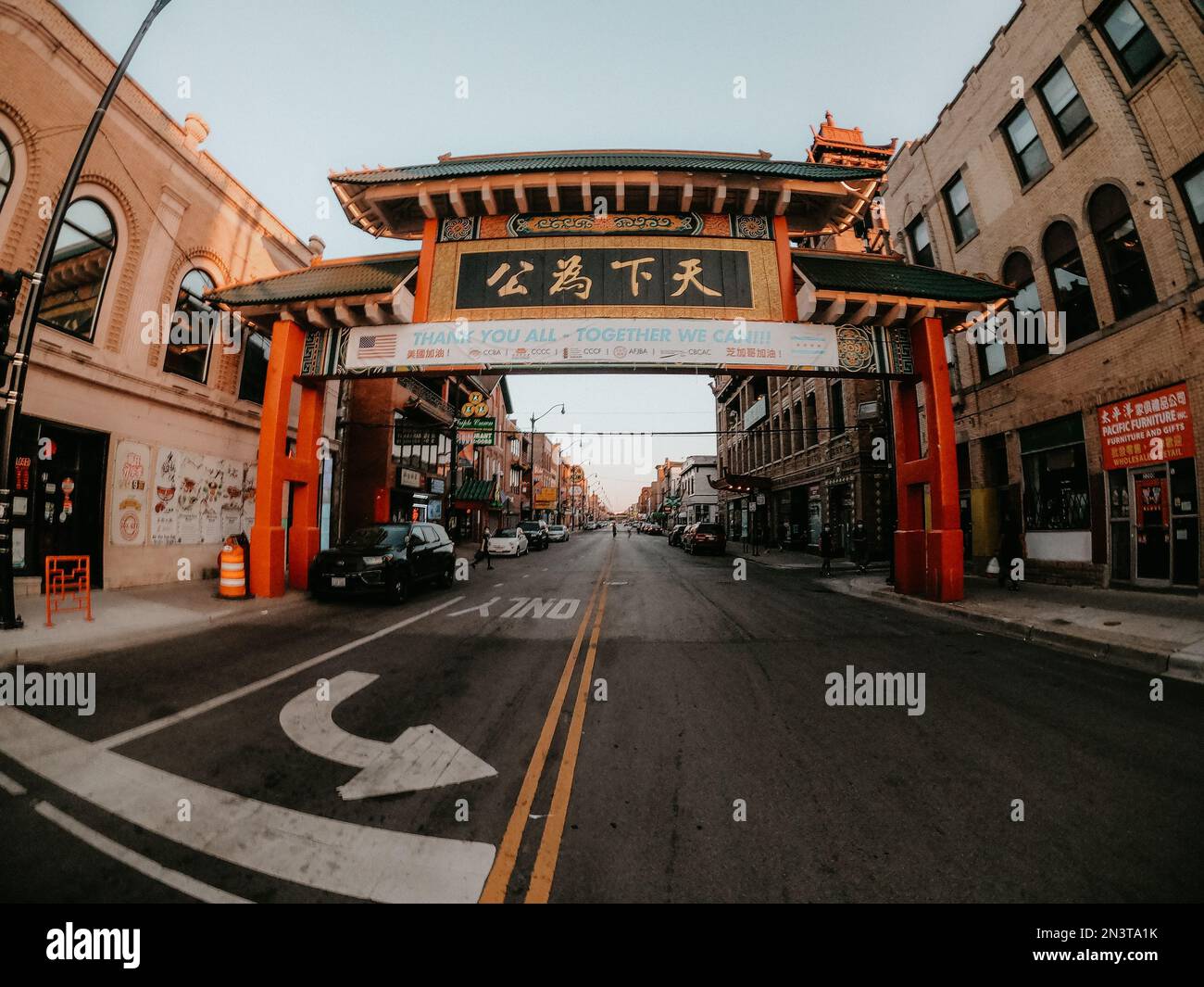 A fish eye effect of Chicago Chinatown street entrance sign, Illinois Stock Photo