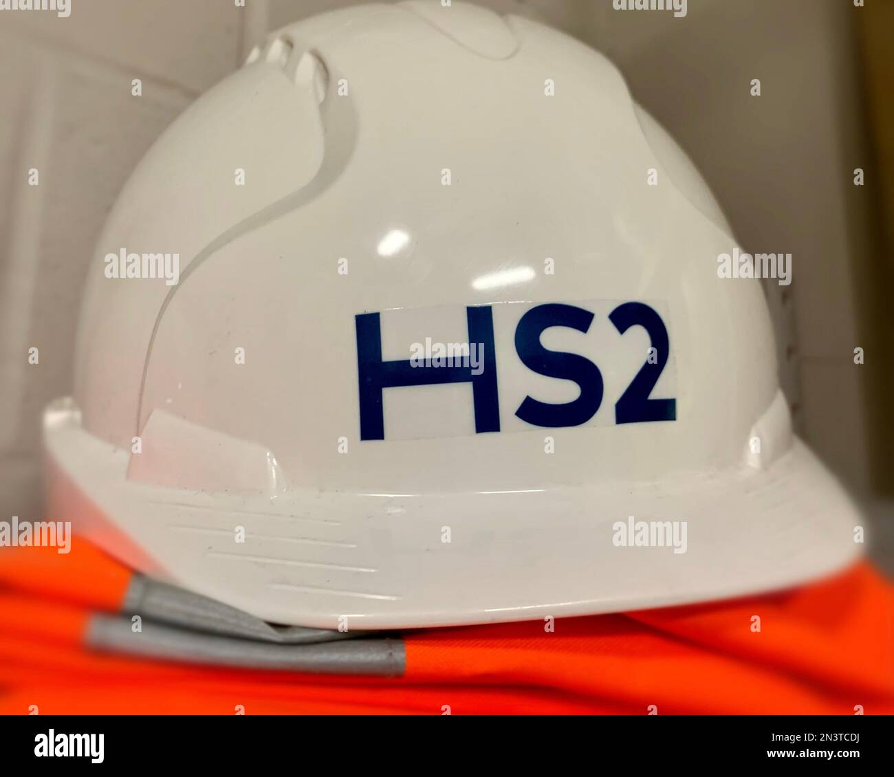 Construction hard hat and overalls for HS2 high speed train line, IK Stock Photo