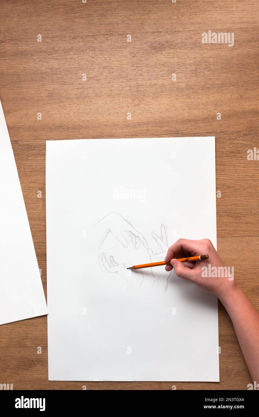 Painter workplace flat lay. Drawing sketches Stock Photo - Alamy
