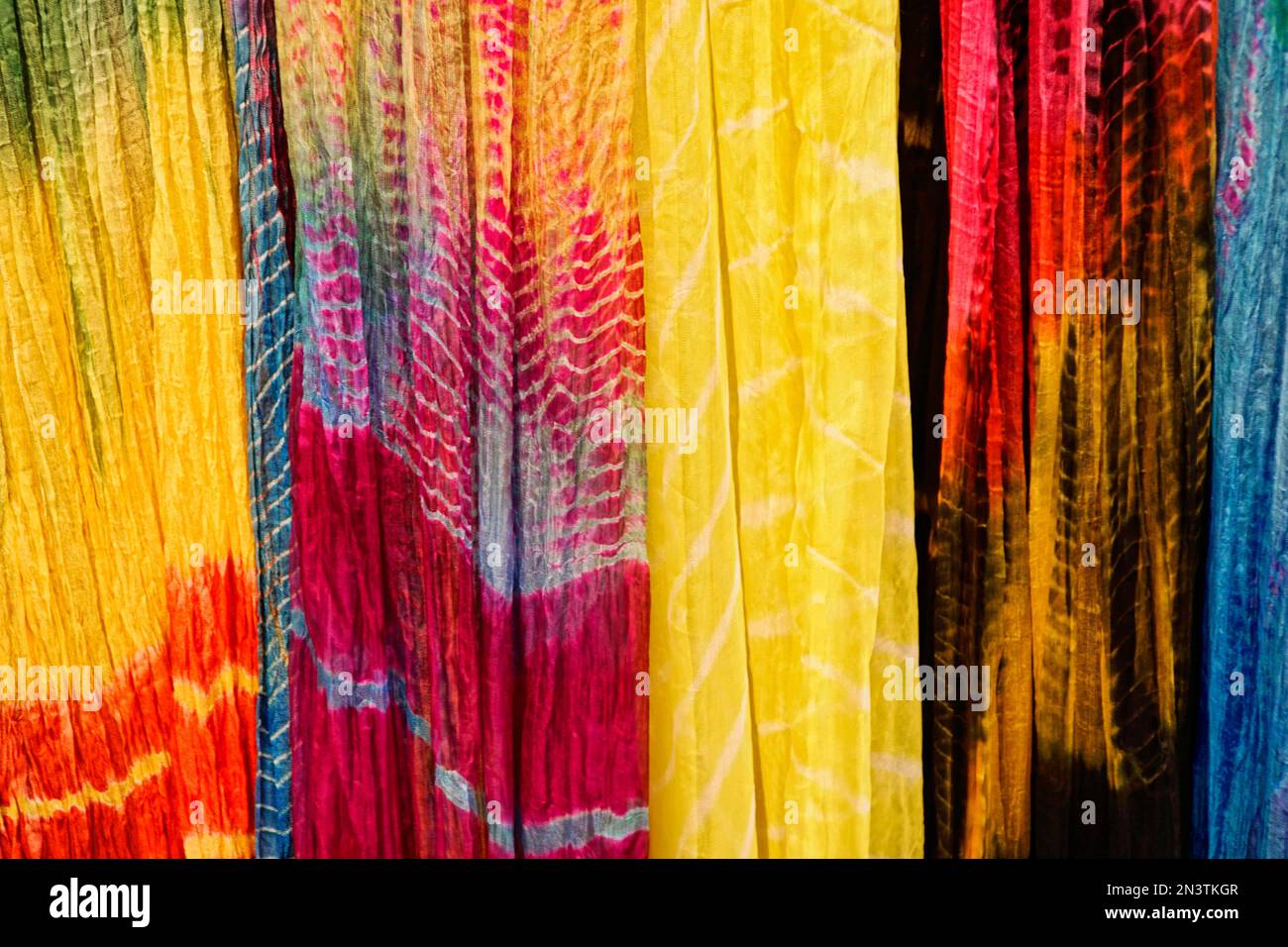 Coloured silk scarves, street market, Jaisalmer, Rajasthan, India Stock Photo