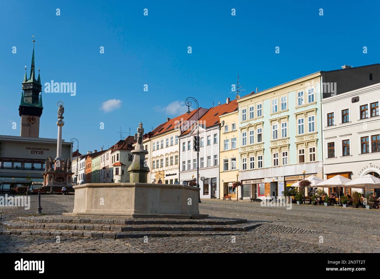 Town Hall Tower, Plague Column, Fountain with a Statue of Roland the Knight and Houses on Masaryk Square, Old Town, Znojmo, Znaim, Okres Znojmo, Kraj Stock Photo