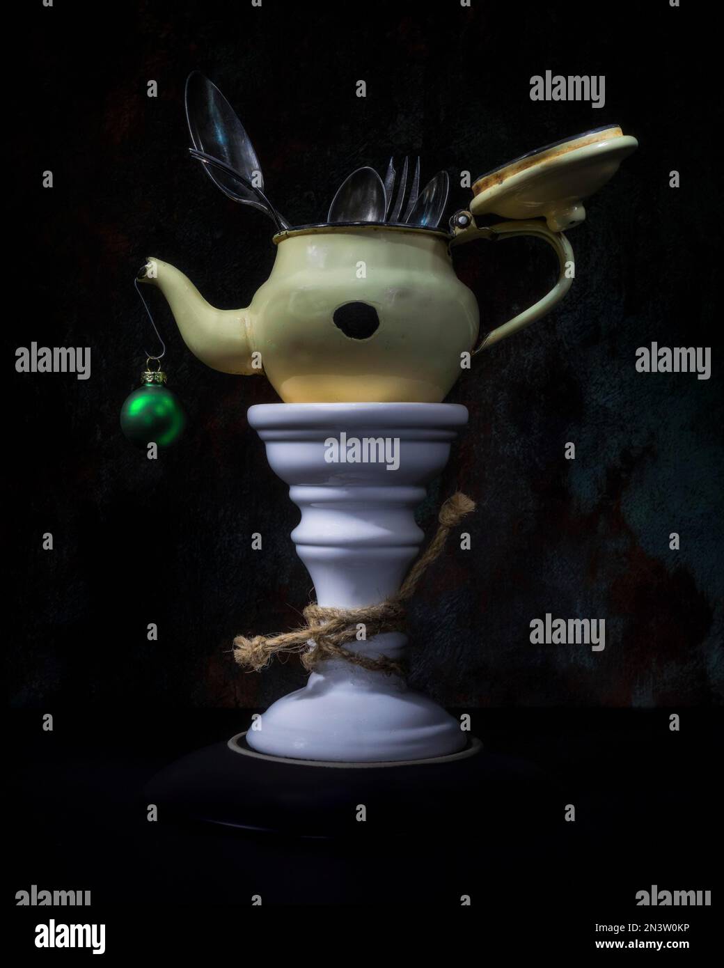 Still Life with Old Teapot, Silver Cutlery and Christmas Ball on