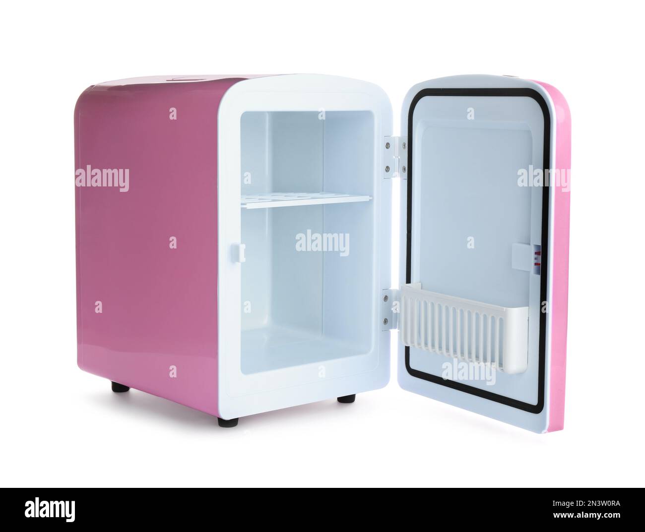 Open pink cosmetics refrigerator isolated on white Stock Photo