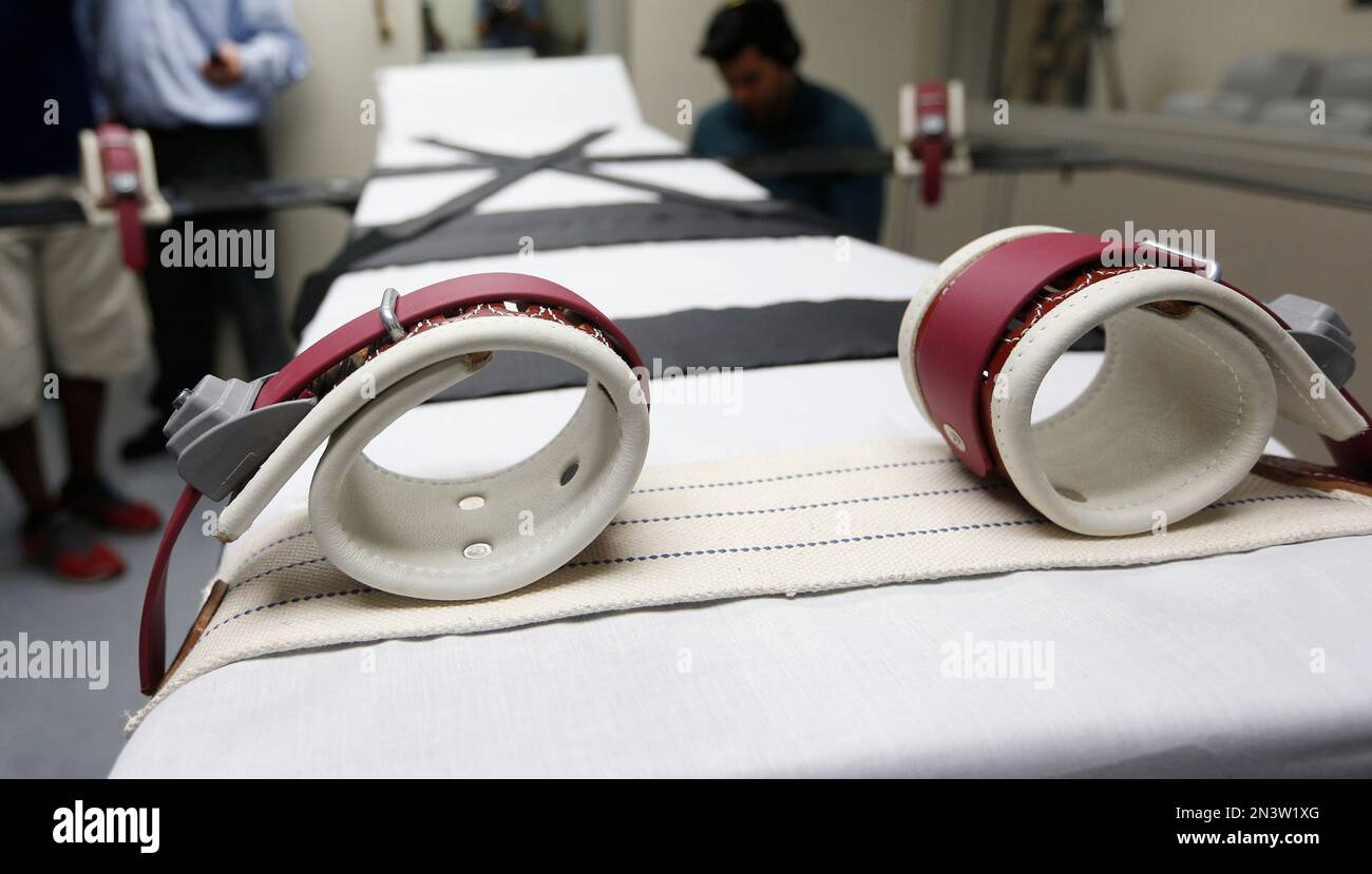 This Thursday, Oct. 9, 2014 photo shows legs restraints on the gurney