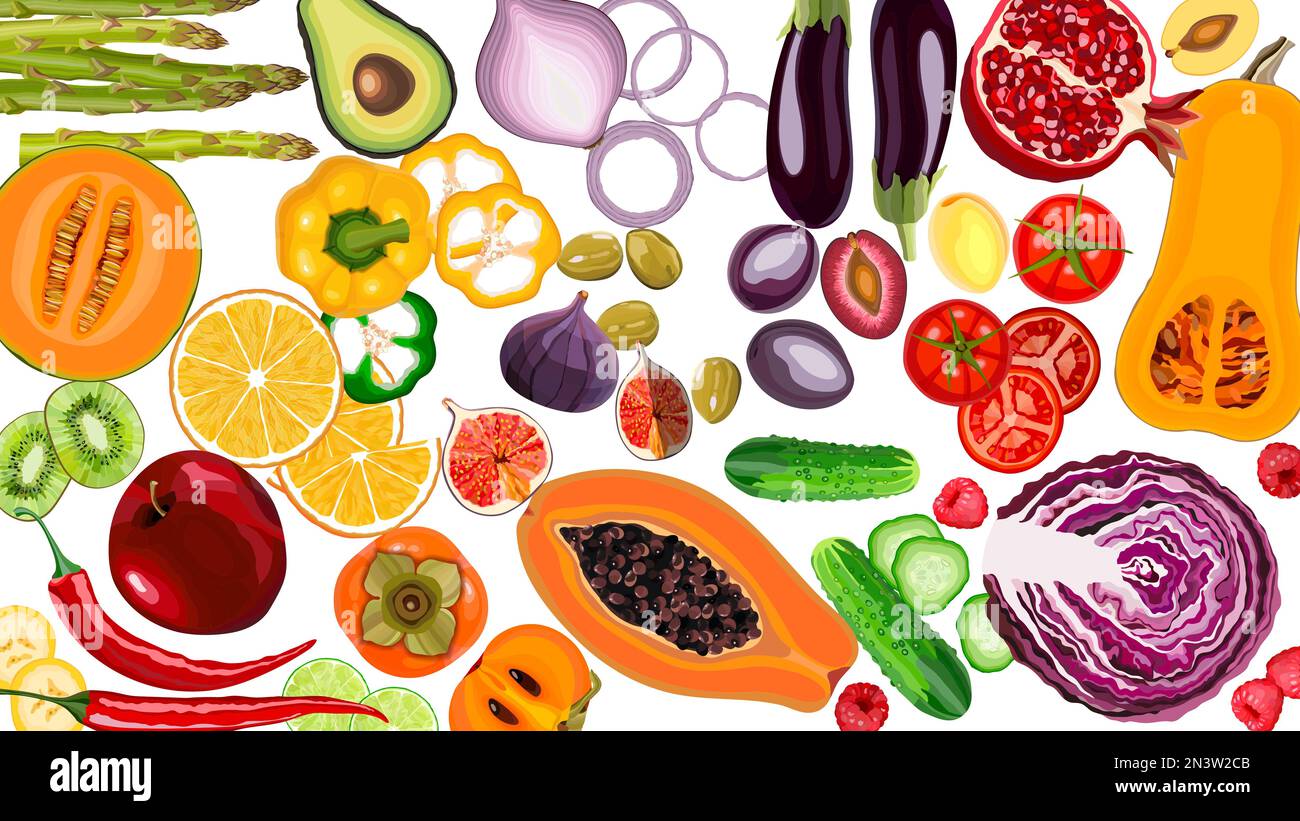 Big set of realistic vector illustration of fruits and vegetables Stock ...