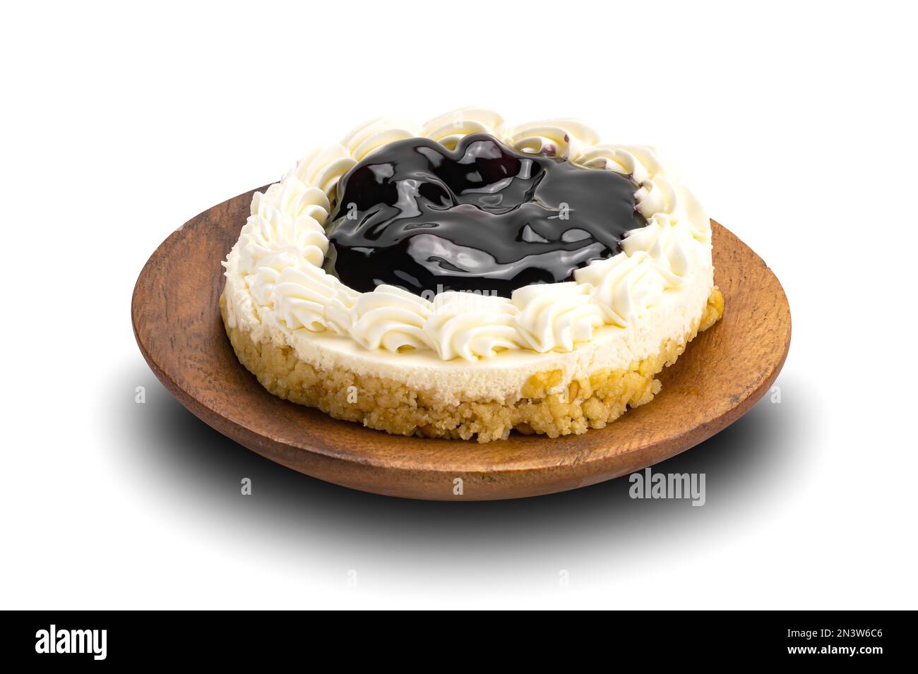 Delicious Homemade Blueberry Cheese Pie in wooden plate on white background with clipping path Stock Photo