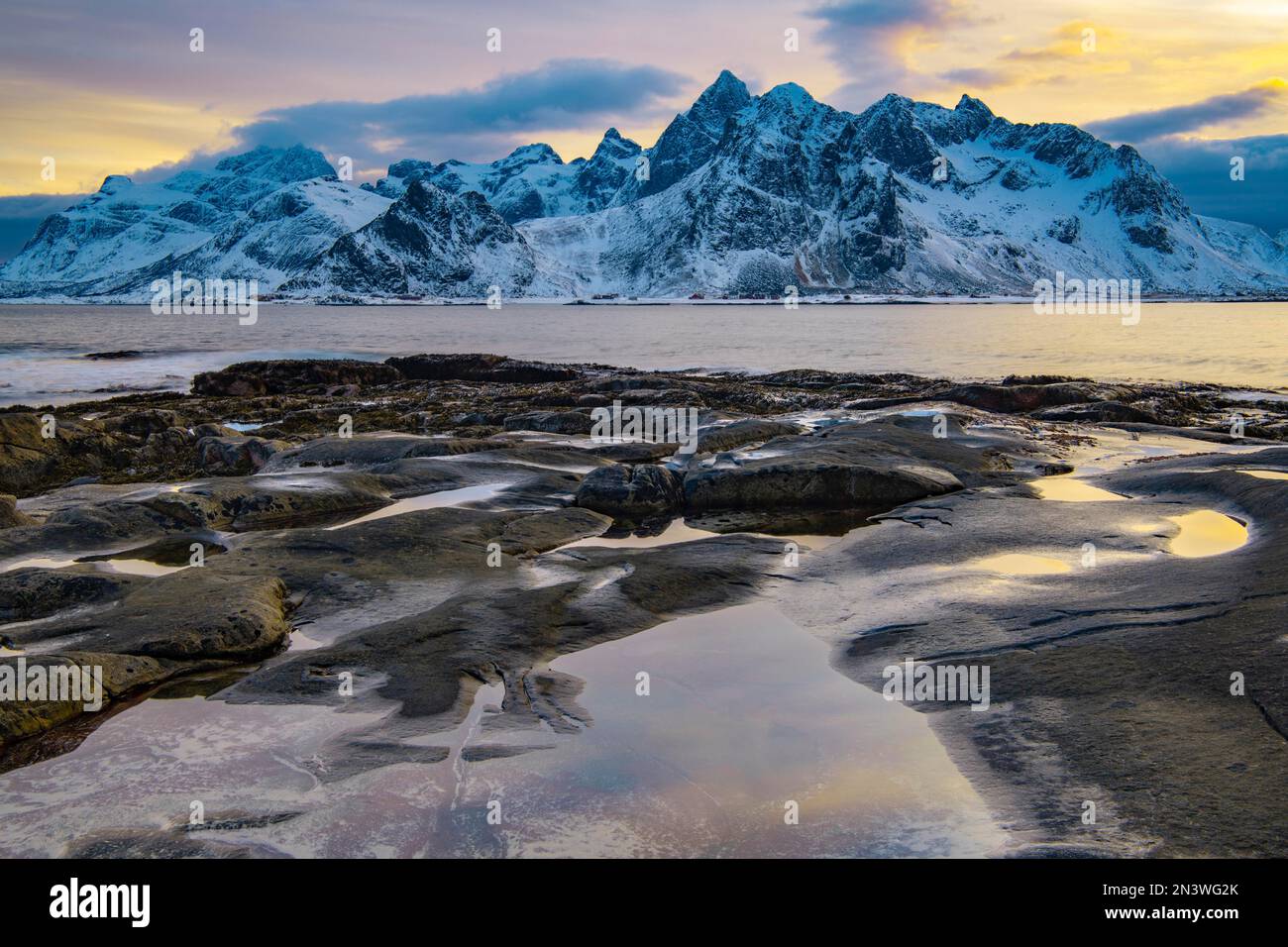 Winter Scandinavian landscape, sea, mountains, mountain panorama, snow,  Vareid, Nordland, Lofoten, Norway Stock Photo - Alamy, image size:1300x956