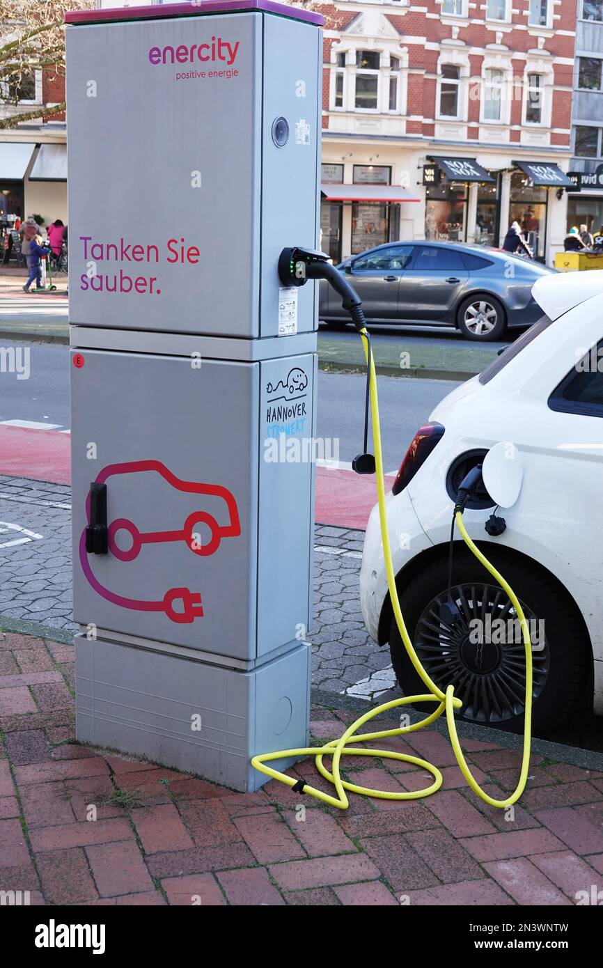 Hannover, Germany December 11, 2021 Ecar parking at public electric car charging station on