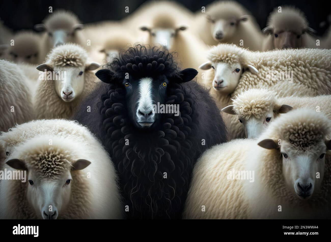 A black sheep surround with normal white sheep metaphor to be