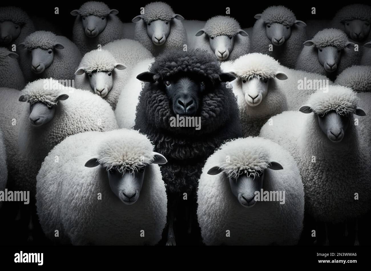 A black sheep surround with normal white sheep metaphor to be