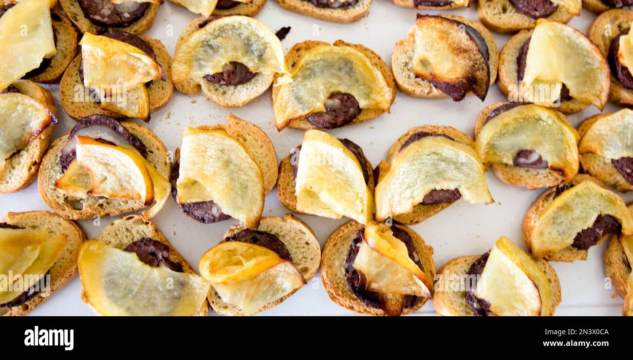 boudin with apple toast canapes in party events Stock Photo