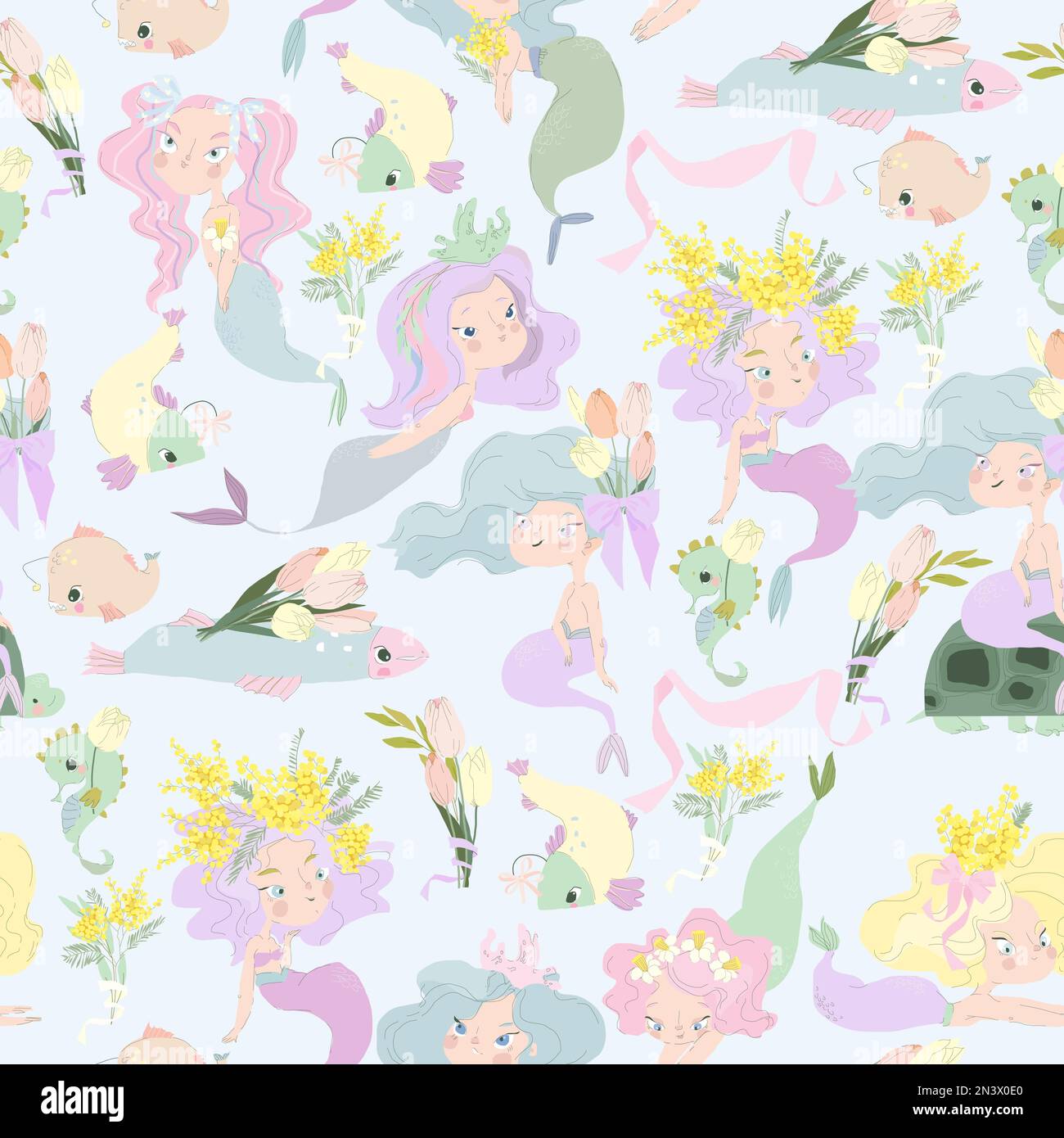 Seamless Pattern with Cute Mermaids and Spring Flowers Stock Vector