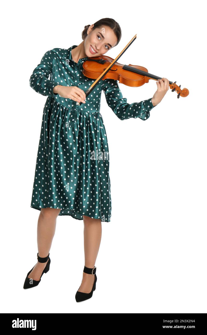 Beautiful woman playing violin on white background Stock Photo - Alamy
