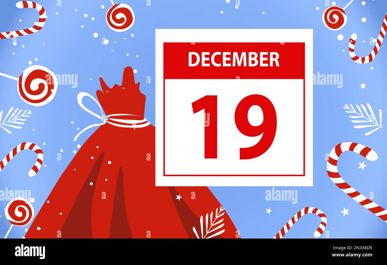Saint Nicholas Day greeting card design. Calendar with date and red bag