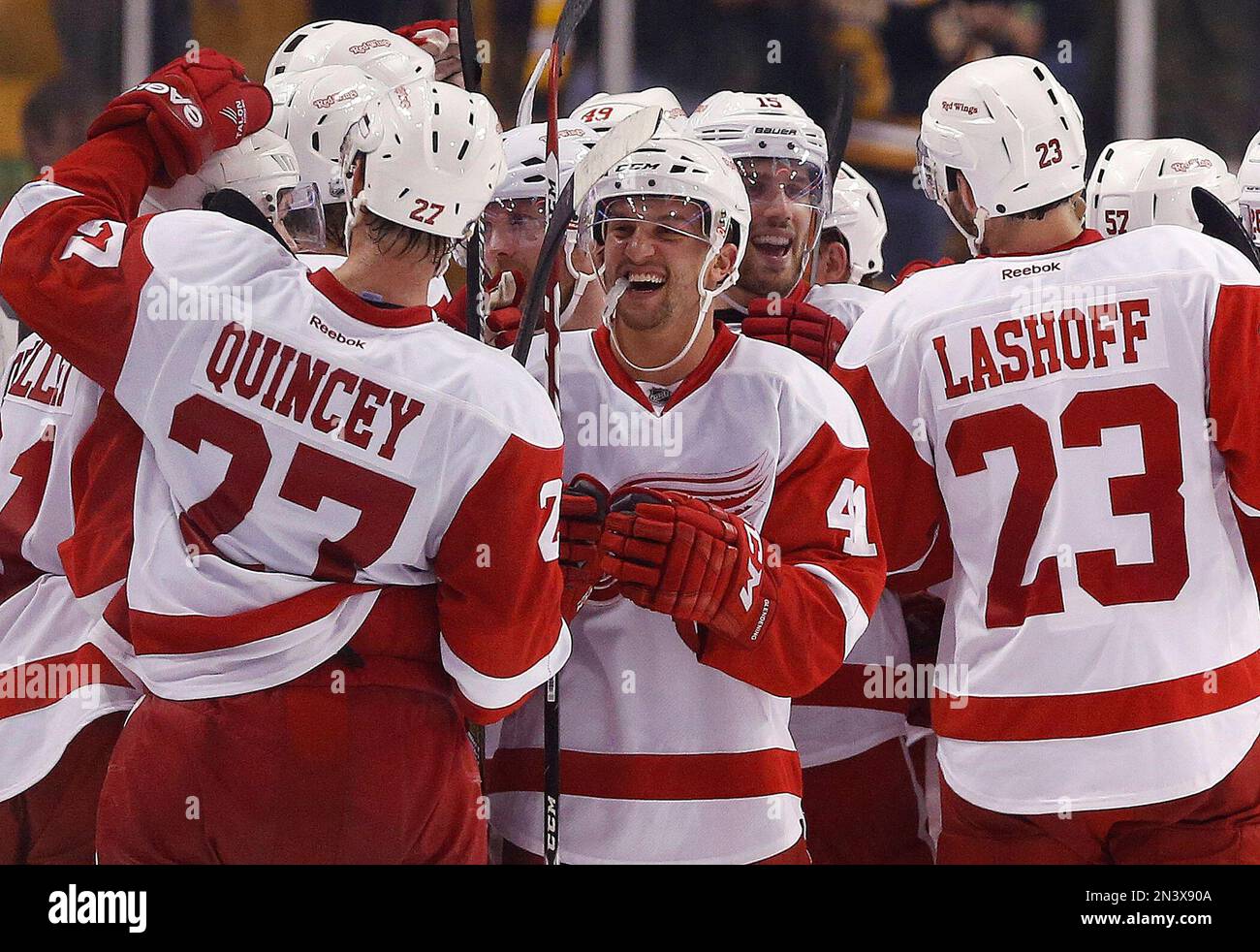 Detroit Red Wings players including Kyle Quincey, Luke Glendening and