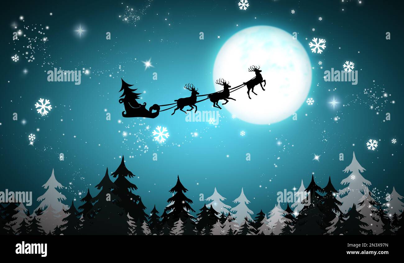 Magic Christmas eve. Reindeers pulling Santa's sleigh in sky on full