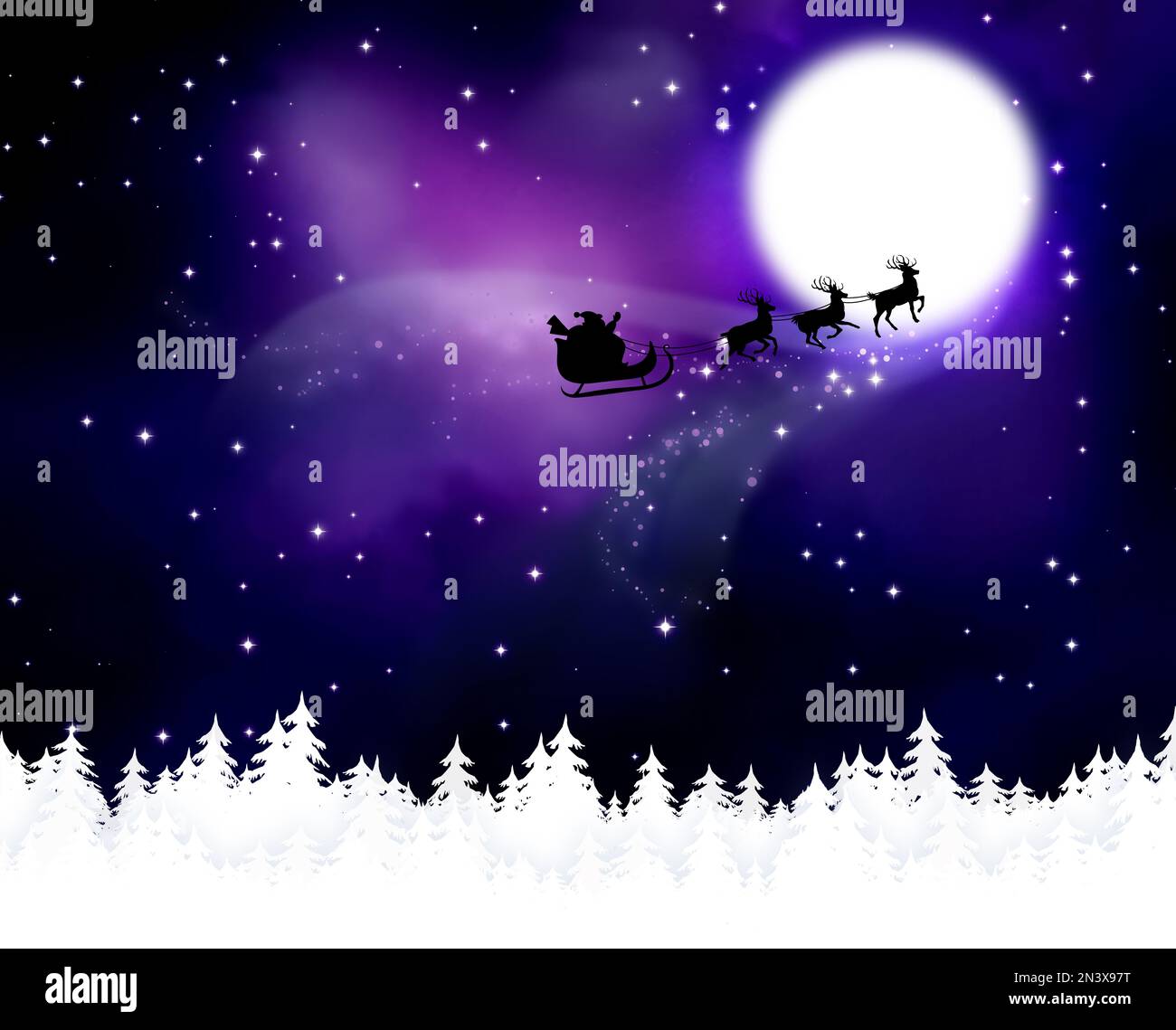 Magic Christmas eve. Santa with reindeers flying in sky on full moon night Stock Photo