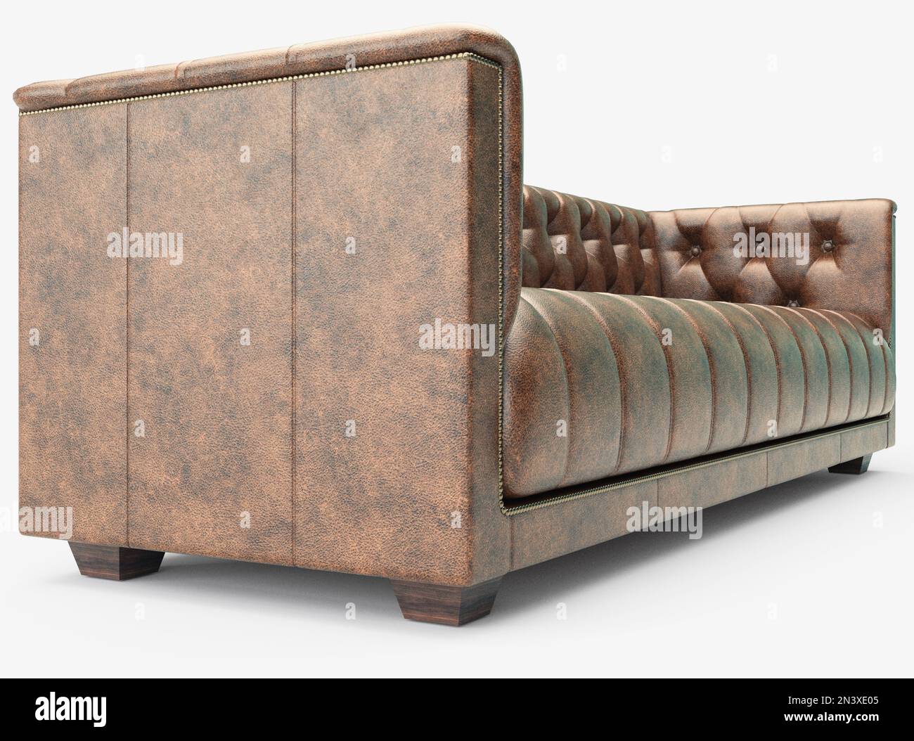 A long luxury chesterfield leather couch on an isolated white studio