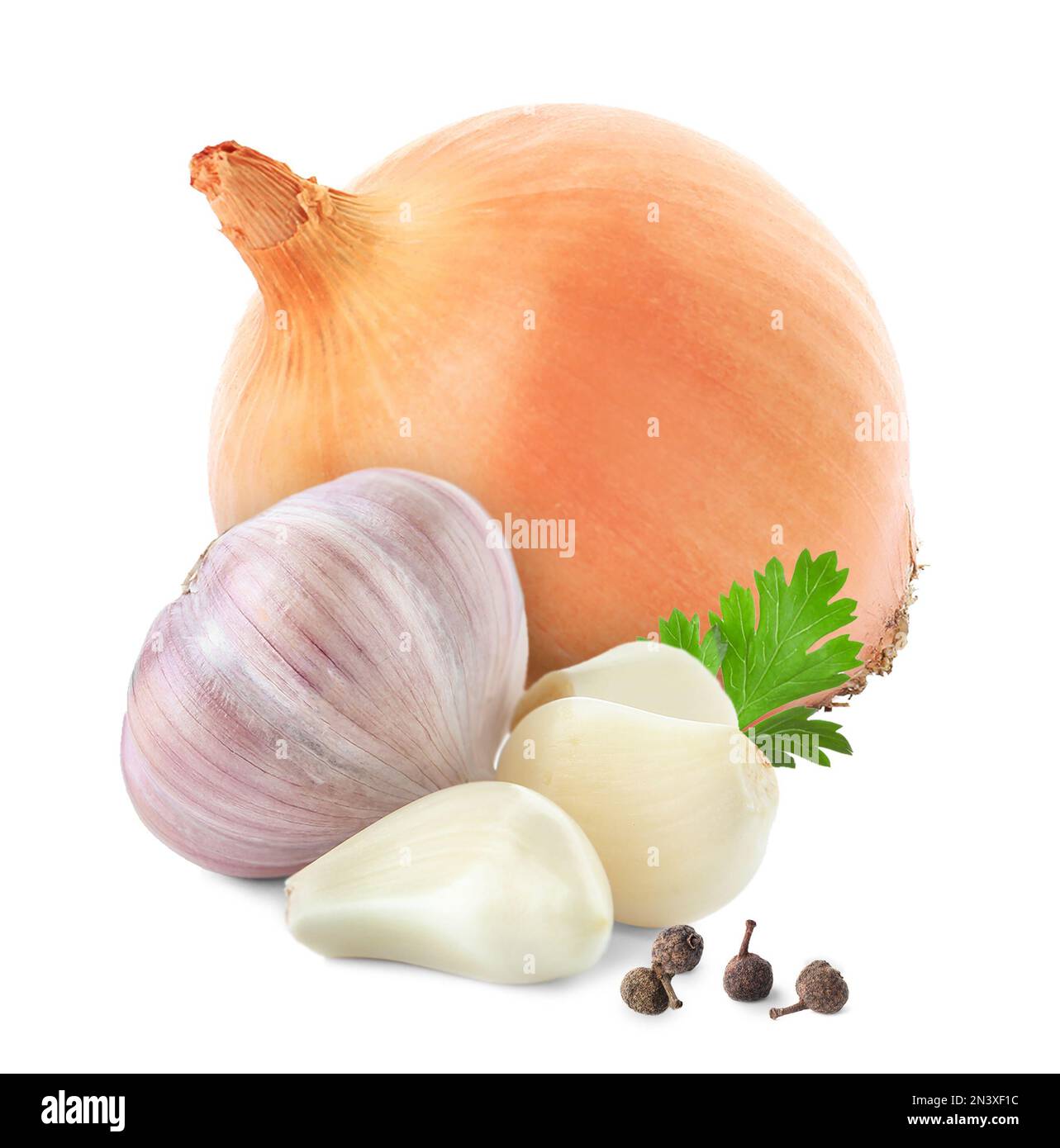 Mix of fresh garlic and onion on white background Stock Photo - Alamy