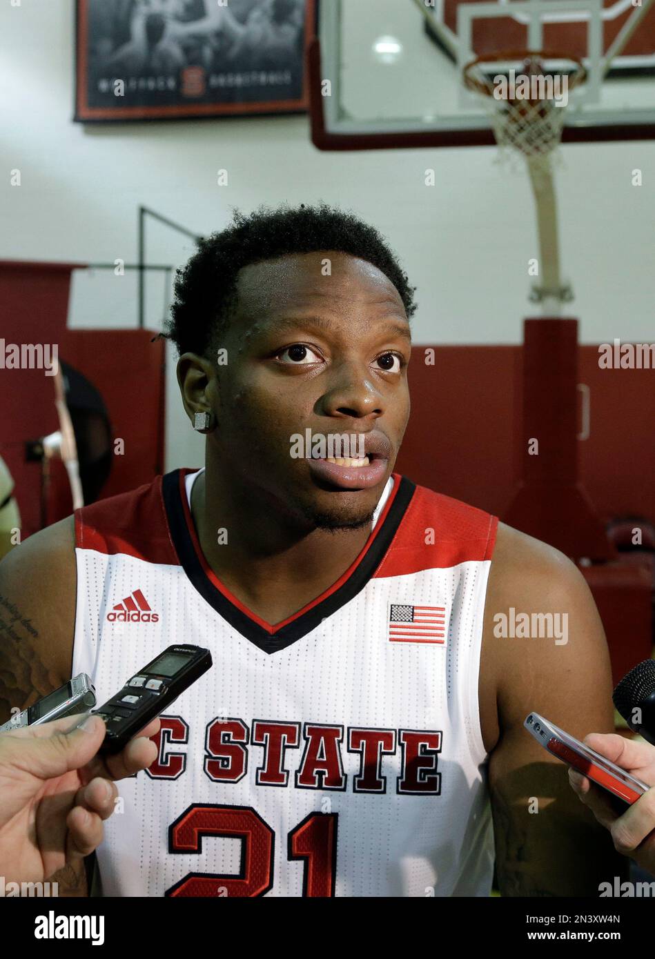 North Carolina State's BeeJay Anya speaks to reporters during the team