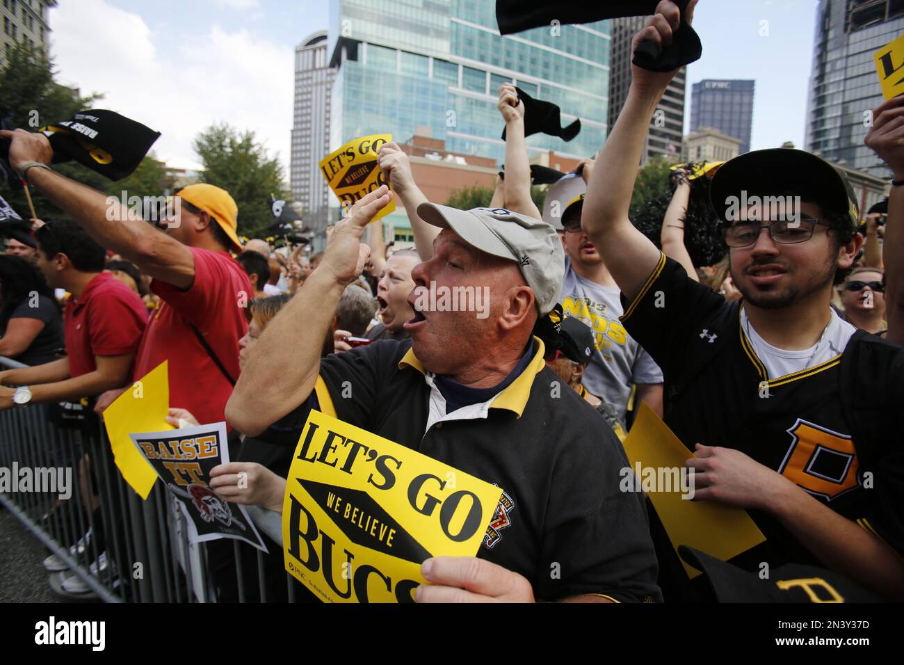 Pittsburgh Pirates fans gather at a Pirates pep rally in downtown