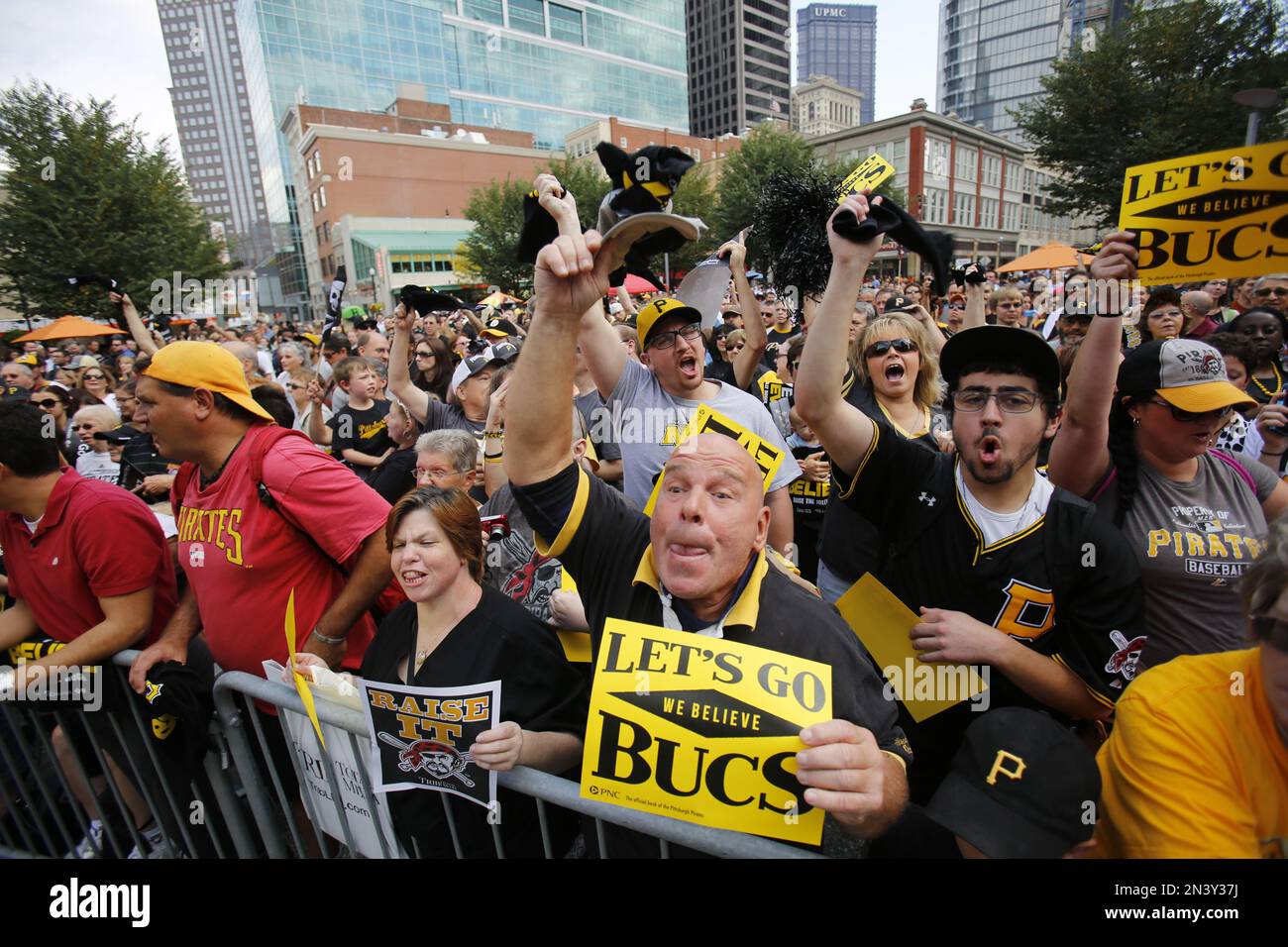 Pittsburgh Pirates fans gather at a Pirates pep rally in downtown
