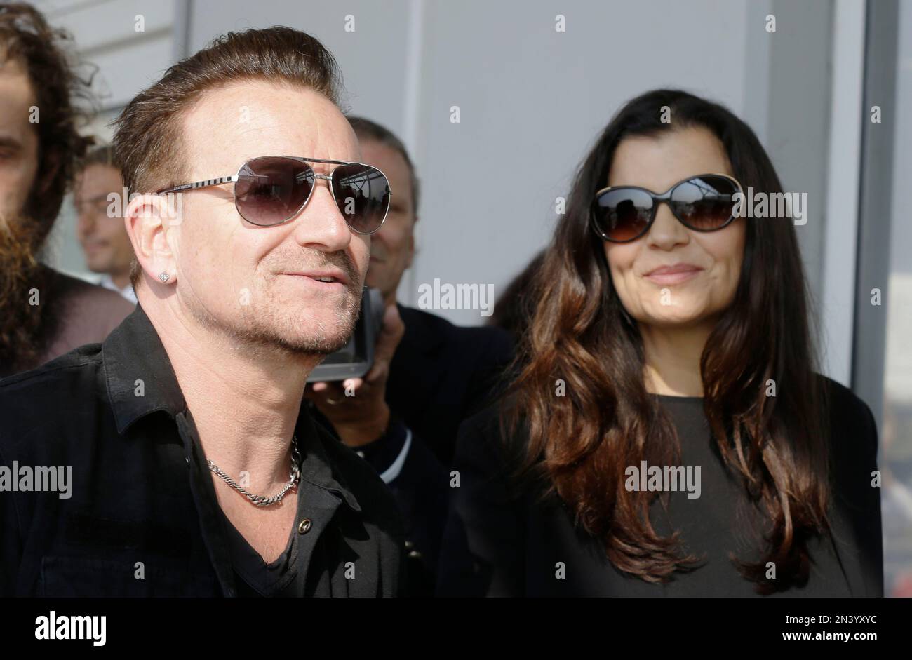 Bono Vox and his wife Alison Hewson arrive in Venice, Italy, Saturday,  Sept. 27, 2014 to attend George Clooney's wedding ceremony. George Clooney,  53, and Amal Alamuddin, 36, are expected to get