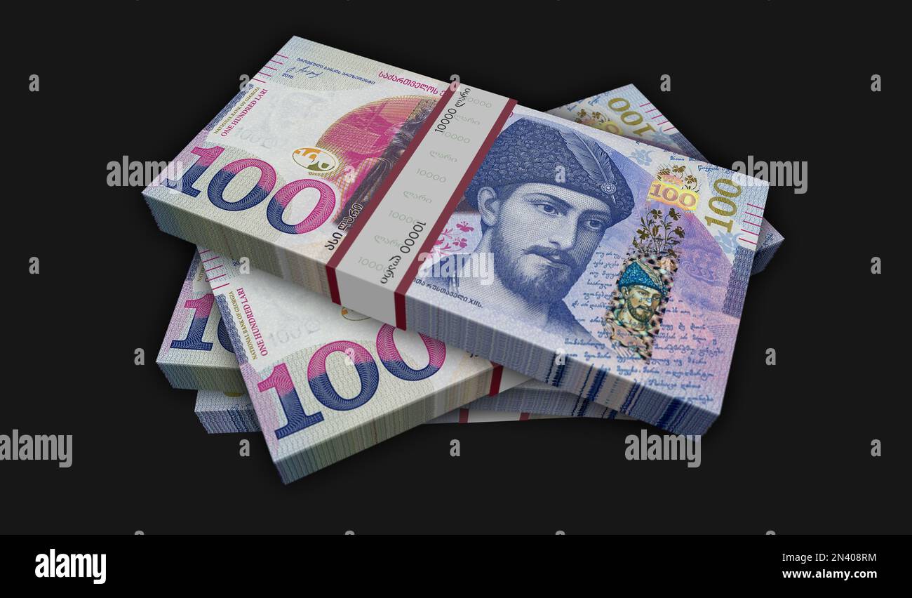Georgia money Georgian Lari money pack 3d illustration. GEL banknote bundle stacks. Concept of finance, cash, economy crisis, business success, recess Stock Photo