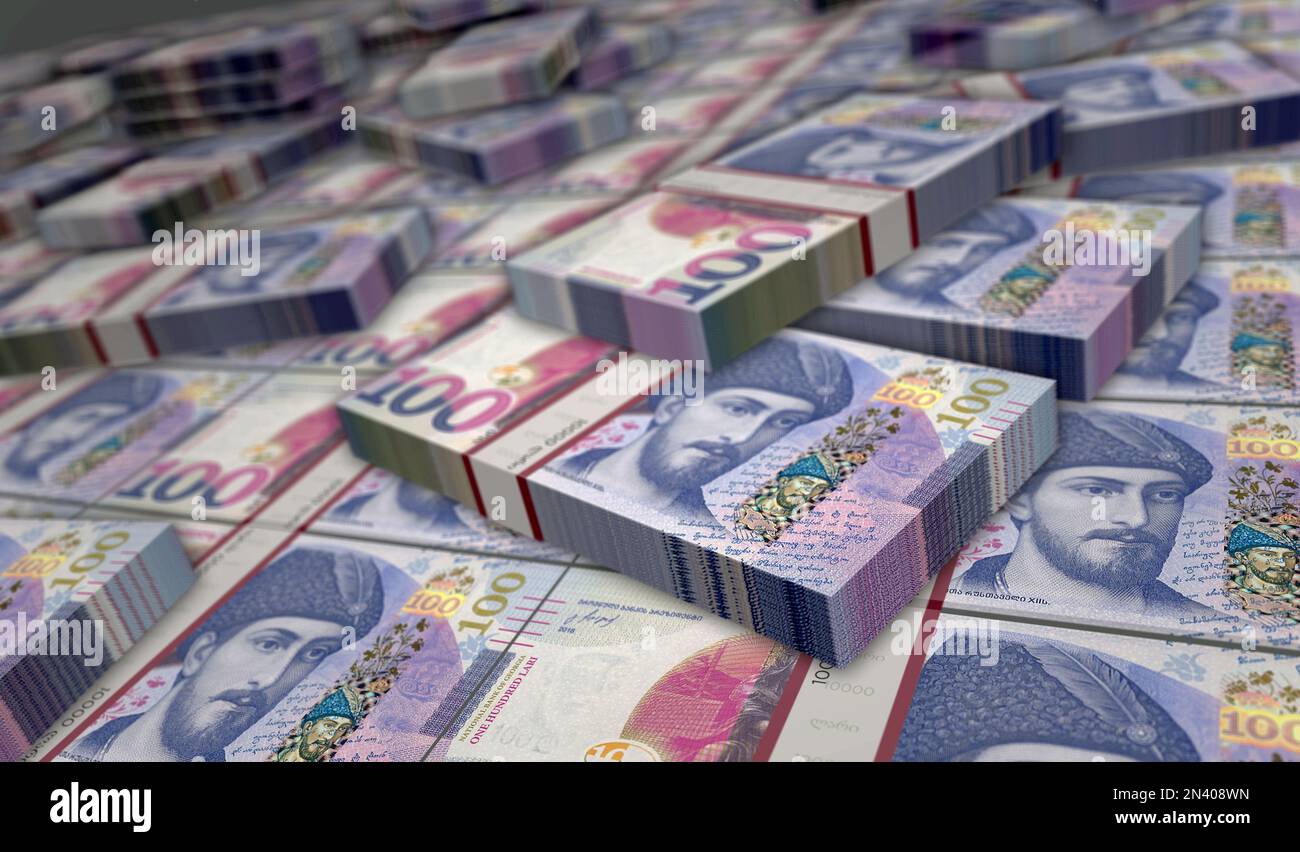 Georgian Lari money printing 3d illustration. GEL banknote print. Concept of finance, cash, economy crisis, business success, recession, bank, tax and Stock Photo