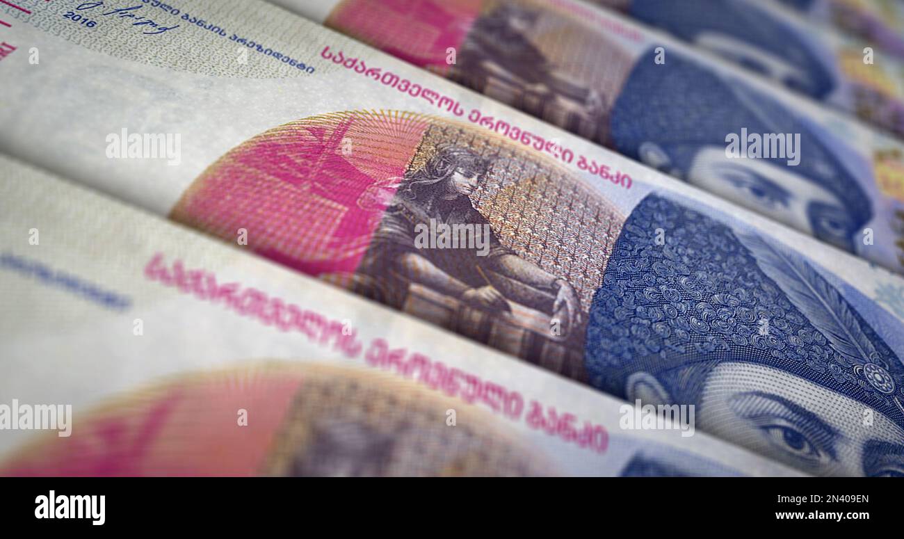 Georgian Lari money printing 3d illustration. GEL banknote print. Concept of finance, cash, economy crisis, business success, recession, bank, tax and Stock Photo