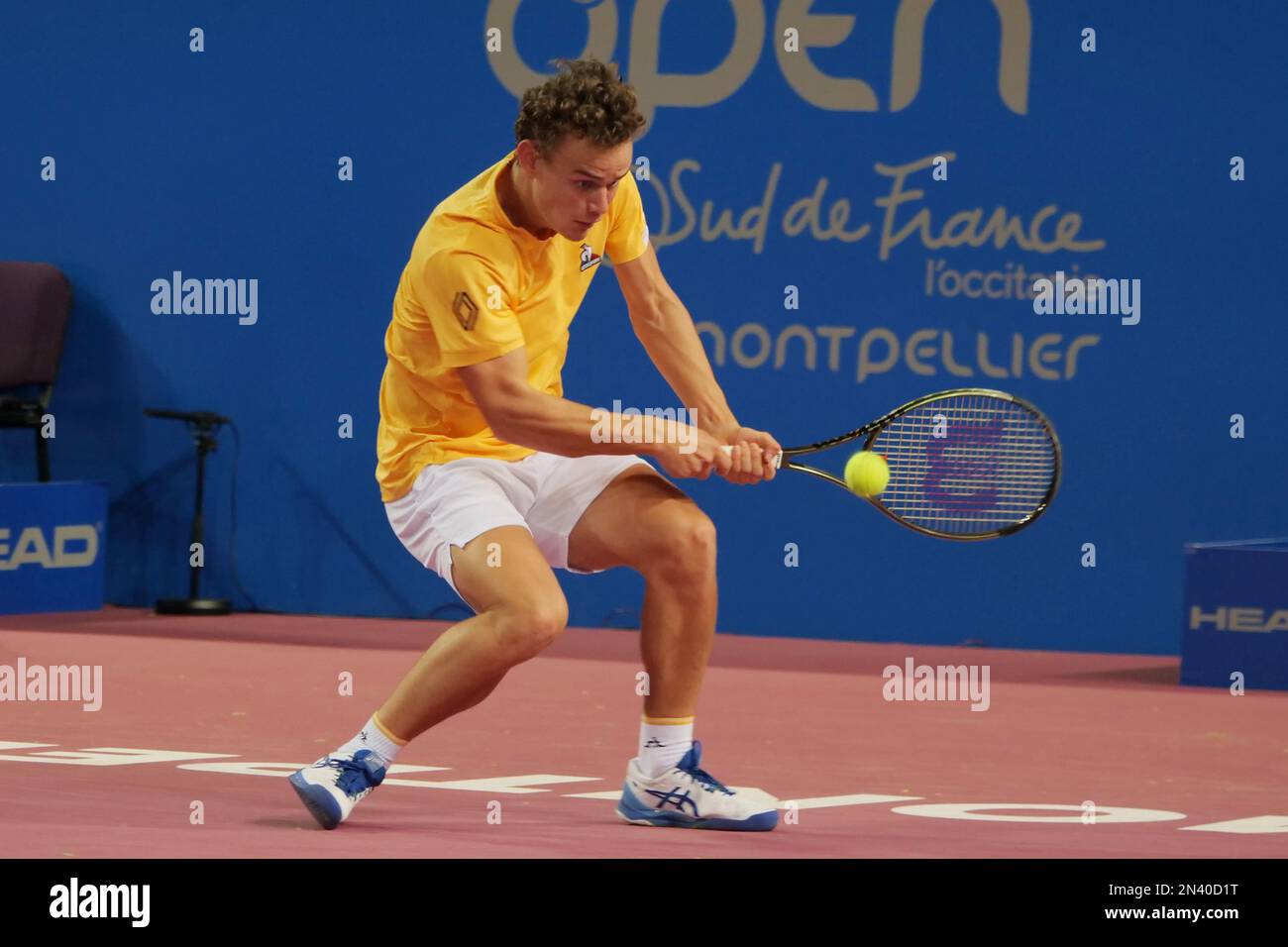 Perols, France. 7th February 2023. Luca Van Assche (FRA) in action against Marc-Andrea Huesler (SUI) during the Open Sud de France 2023, ATP 250 tennis tournament on February 7, 2023 at Sud de France Arena in Perols near Montpellier, France - Photo: Patrick Cannaux/DPPI/LiveMediaAlamy Live News Stock Photo