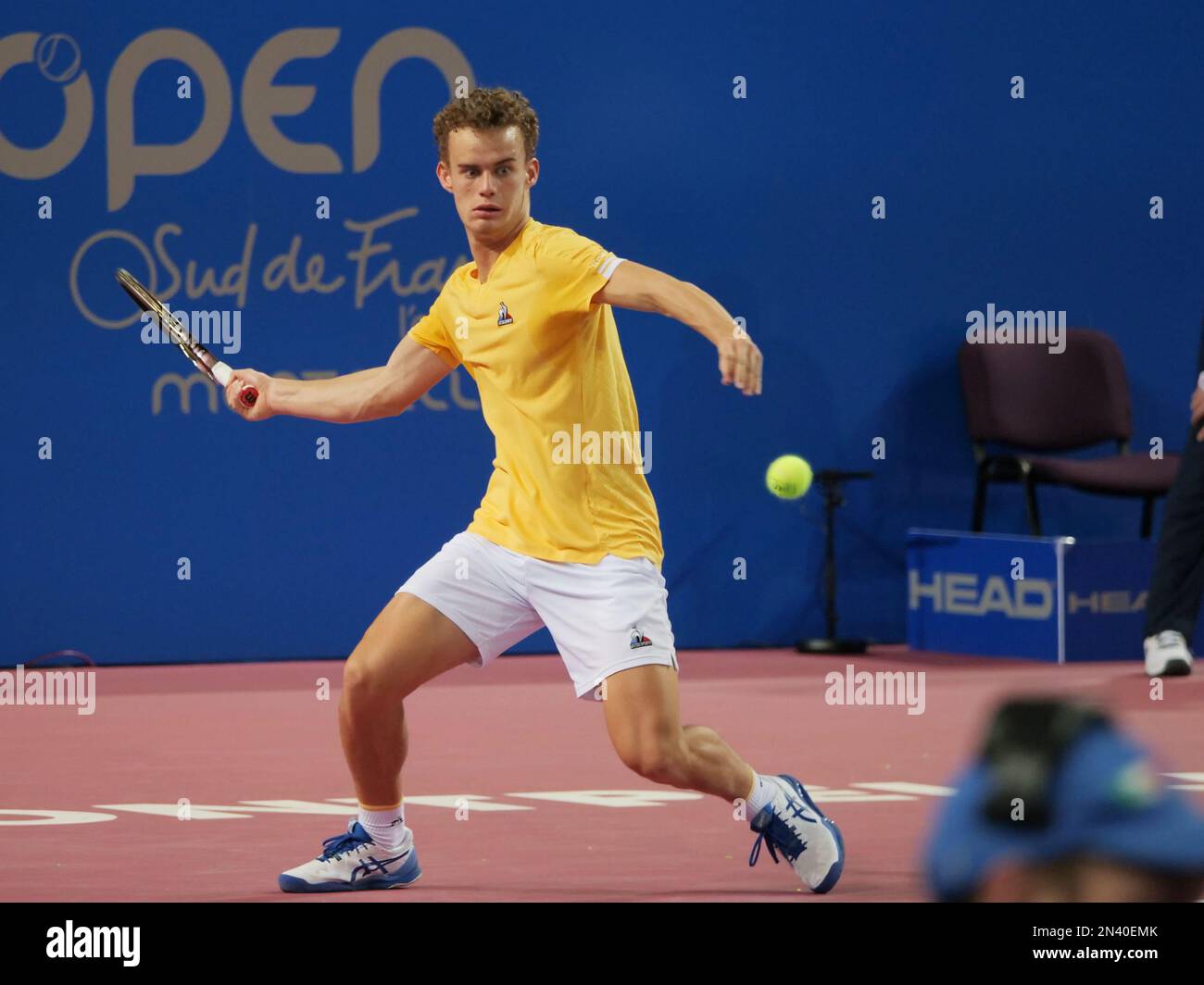 Perols, France. 7th February 2023. Luca Van Assche (FRA) in action against Marc-Andrea Huesler (SUI) during the Open Sud de France 2023, ATP 250 tennis tournament on February 7, 2023 at Sud de France Arena in Perols near Montpellier, France - Photo: Patrick Cannaux/DPPI/LiveMediaAlamy Live News Stock Photo