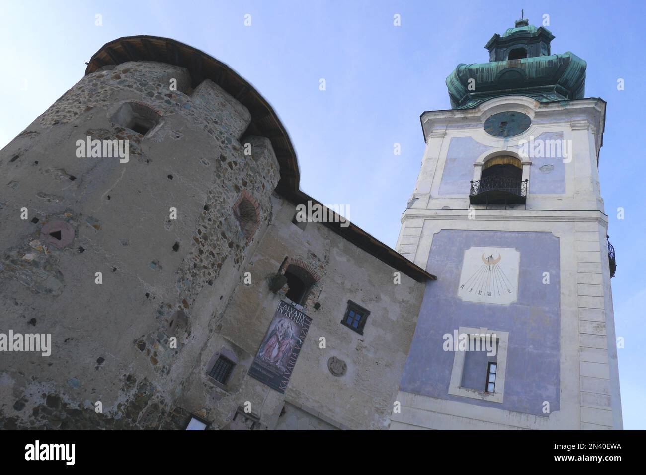 The Old Castle, Stary Zamok, and baroque bell tower, Banska Stiavnica, Slovakia. Banska Stiavnica is a UNESCO World Heritage Site. Stock Photo